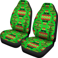Set of two neon green seat covers with black edges and red/black native-style pattern