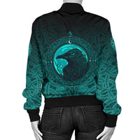 Viking Women's Bomber Jacket, Ethnic Odin Raven Cyan RLT12 - Wonder Print Shop