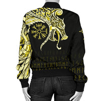 Viking Women's Bomber Jacket, Fenrir Raven and Vegvisir Tattoo Yellow RLT12 - Wonder Print Shop