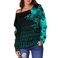 Viking Women' Off Shoulder Sweater - The Raven Of Odin Rune Cyan RLT12 - Wonder Print Shop
