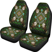 Front seat cover set: green patterned backrest and seat cushion, turquoise oval details