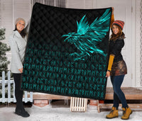 Viking Premium Quilt - The Raven Of Odin Rune Cyan RLT12 - Wonder Print Shop