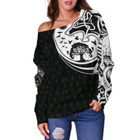 Viking Women's Off Shoulder Sweater, Skoll and Hati Rune Tattoo RLT12 - Wonder Print Shop