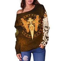 Viking Women's Off Shoulder Sweater Gold Spear Of The God Odin - Gungnir and Two Gold Ravens RLT12 - Wonder Print Shop