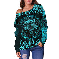 Viking Women's Off Shoulder Sweater - Fenrir Viking Cyan 3D RLT12 - Wonder Print Shop