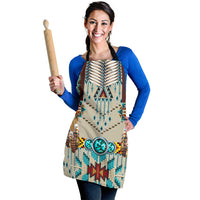 Turquoise blue beaded apron with fringe and geometric motifs, black straps