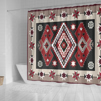 Geometric shower curtain panel with red and gray tribal arrows, diamonds, and stars