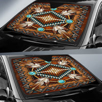 Native American mandala windshield sun shade, teal and white accents on brown