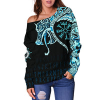 Viking Women's Off Shoulder Sweater, Fenrir Raven and Vegvisir Tattoo Cyan RLT12 - Wonder Print Shop