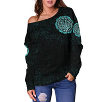 Viking Women's Off Shoulder Sweater - Viking Bear Claws Cyan Tattoo RLT12 - Wonder Print Shop