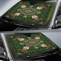 Green Native American mandala sun shade, center bead pattern with teal oval accents