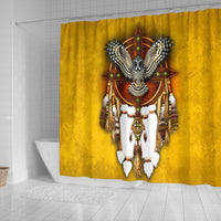 Wide view yellow shower curtain featuring large owl dreamcatcher center design