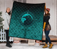 Viking Premium Quilt, Ethnic Odin Raven Cyan RLT12 - Wonder Print Shop