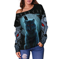 Viking Women's Off Shoulder Sweater, Fenrir Viking Wolf and Moon RLT12 - Wonder Print Shop