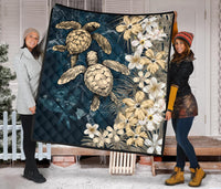 Kanaka Maoli (Hawaiian) Premium Quilt - Sea Turtle Tropical Hibiscus and Plumeria Gold - Wonder Print Shop