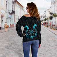 Viking Women's Off Shoulder Sweater, Aegishjalmur Helm Of Awe Blue Edition RLT12 - Wonder Print Shop
