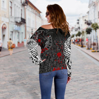 Viking Women's Off Shoulder Sweater - Odin Raven Rune Futhark Blood RLT12 - Wonder Print Shop