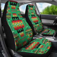 Native-style multicolor car seat covers on front seats with matching patterned cushions