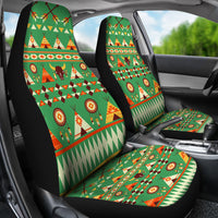 Green bison motif car seat covers with matching cushion and back panels