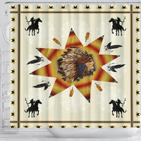 Tribal shower curtain front view with chief headdress, arrow shapes, and horse silhouettes