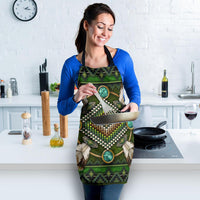 Green mandala apron with central beaded heart design and turquoise medallion accents