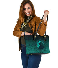 Viking Small Leather Tote Bag, Ethnic Odin Raven Cyan RLT12 - Wonder Print Shop