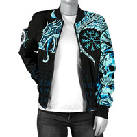Viking Women's Bomber Jacket, Fenrir Raven and Vegvisir Tattoo Cyan RLT12 - Wonder Print Shop