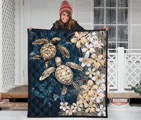 Kanaka Maoli (Hawaiian) Premium Quilt - Sea Turtle Tropical Hibiscus and Plumeria Gold - Wonder Print Shop