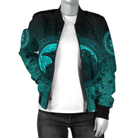 Viking Women's Bomber Jacket, Ethnic Odin Raven Cyan RLT12 - Wonder Print Shop