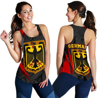 Black women's racerback tank with Germany shield graphic and red side accents