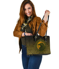 Viking Small Leather Tote Bag, Ethnic Odin Raven Gold RLT12 - Wonder Print Shop