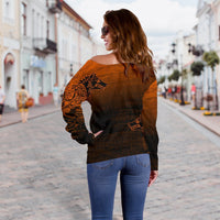 Viking Women's Off Shoulder Sweater, Skoll and Hati Orange RLT12 - Wonder Print Shop