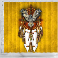 Front view yellow shower curtain with detailed owl dreamcatcher wings and feathers