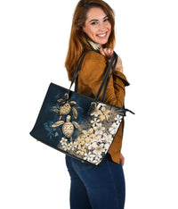 Kanaka Maoli (Hawaiian) Leather Tote - Sea Turtle Tropical Hibiscus and Plumeria Gold - Wonder Print Shop