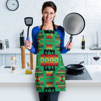 Green multicolor geometric apron held by model, full front view with bib pocket