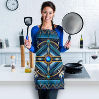 Blue patterned apron with black straps and large circular medallion motif, blue-and-gold bands