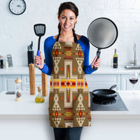 Multicolor tribal-pattern apron on light brown fabric with black neck and side ties