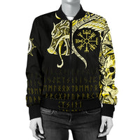 Viking Women's Bomber Jacket, Fenrir Raven and Vegvisir Tattoo Yellow RLT12 - Wonder Print Shop