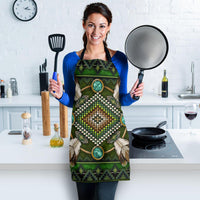 Green mandala apron with fringed feather-like side details and turquoise round medallions