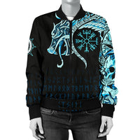 Viking Women's Bomber Jacket, Fenrir Raven and Vegvisir Tattoo Cyan RLT12 - Wonder Print Shop