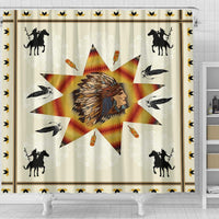 Tribal shower curtain close-up with chief starburst, black horse silhouettes, and zigzag trim