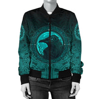 Viking Women's Bomber Jacket, Ethnic Odin Raven Cyan RLT12 - Wonder Print Shop
