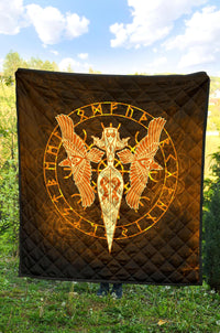 Viking Premium Quilt Gold Spear Of The God Odin - Gungnir and Two Gold Ravens RLT12 - Wonder Print Shop