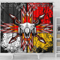 Duschvorhang mit Bisonkopfschädel-Motiv, schwarz, rot und gelb, mit Ösen oben