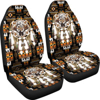 Front seat covers with multicolor bear dreamcatcher motifs and black headrests