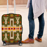 Olive green luggage cover with colorful tribal geometric motifs and stripe accents on wheels