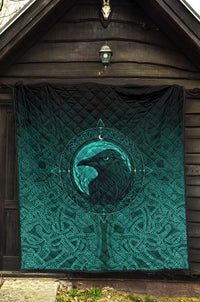 Viking Premium Quilt, Ethnic Odin Raven Cyan RLT12 - Wonder Print Shop