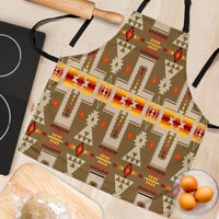 Close-up light brown apron fabric with multicolor tribal geometric design and black ties