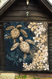 Kanaka Maoli (Hawaiian) Premium Quilt - Sea Turtle Tropical Hibiscus and Plumeria Gold - Wonder Print Shop