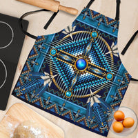 Close-up blue mandala apron panel with dotted rays, geometric borders, and gold accents